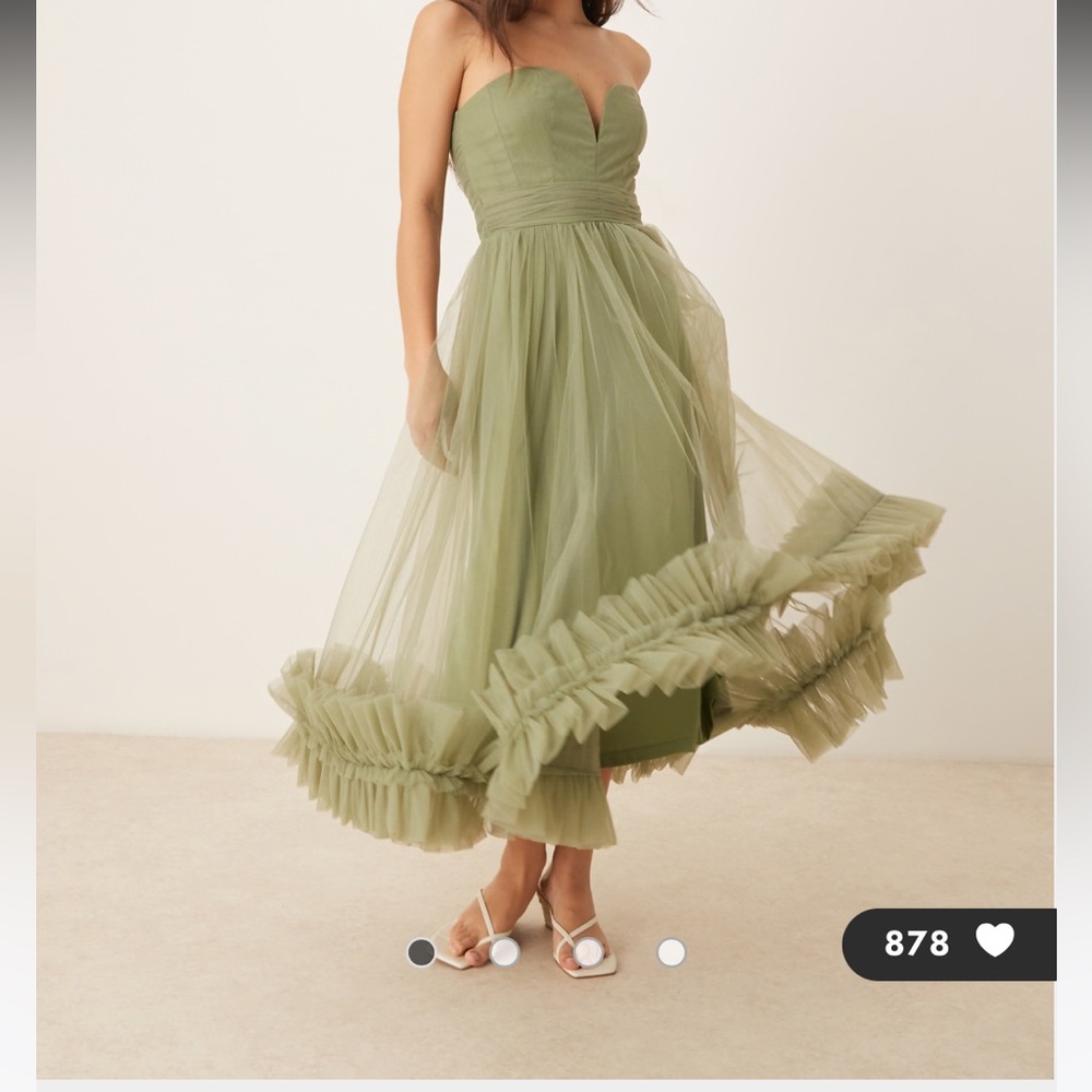 ASOS Lace & Beads corset tulle ruffle hem midaxi dress in soft olive